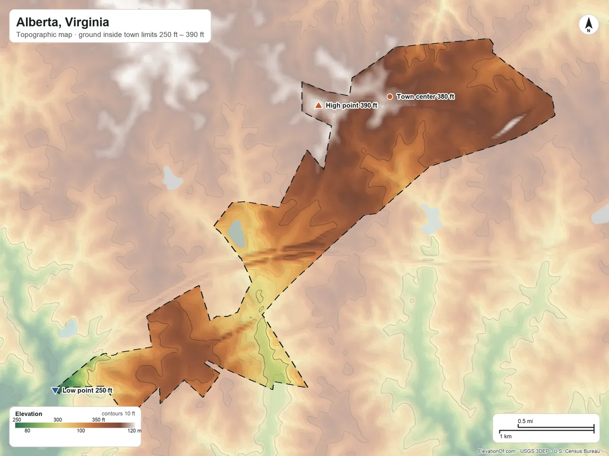 Topographic elevation map of Alberta, Virginia, shaded from 250 ft on the southwest side to 390 ft on the west side