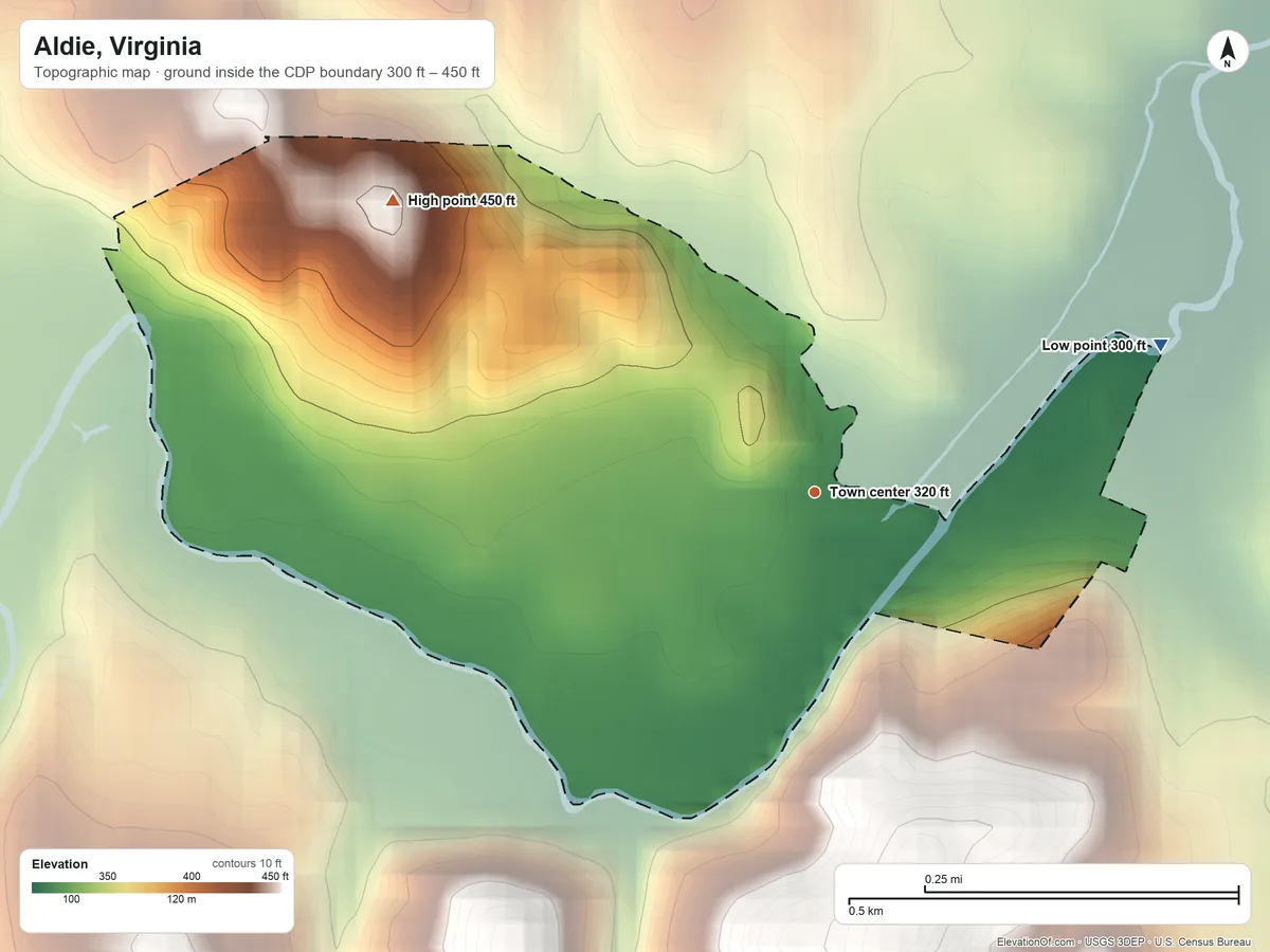 Topographic elevation map of Aldie, Virginia, shaded from 300 ft on the northeast side to 450 ft on the northwest side