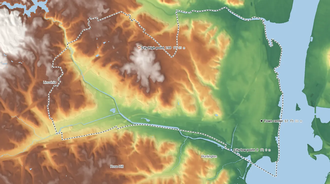 Topographic elevation map of Alexandria, Virginia, shaded from 0 ft on the southwest side to 280 ft on the northwest side