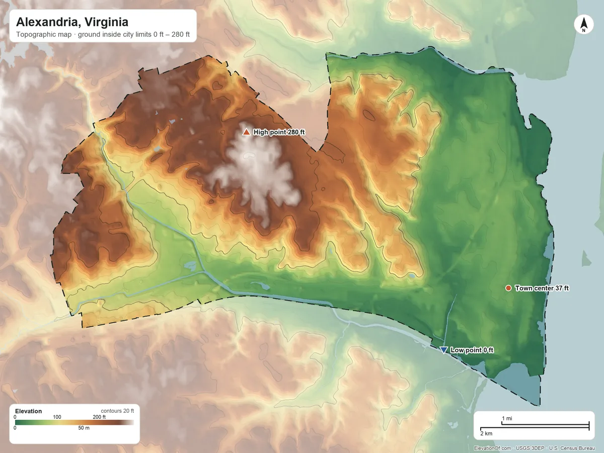 Topographic elevation map of Alexandria, Virginia, shaded from 0 ft on the southwest side to 280 ft on the northwest side