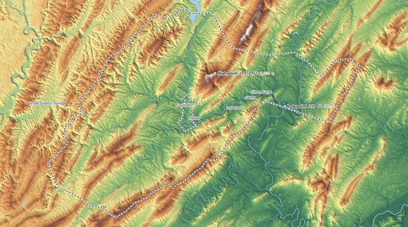 Topographic elevation map of Alleghany County, Virginia, shaded from 990 ft on the east side to 4,050 ft on Big Knob