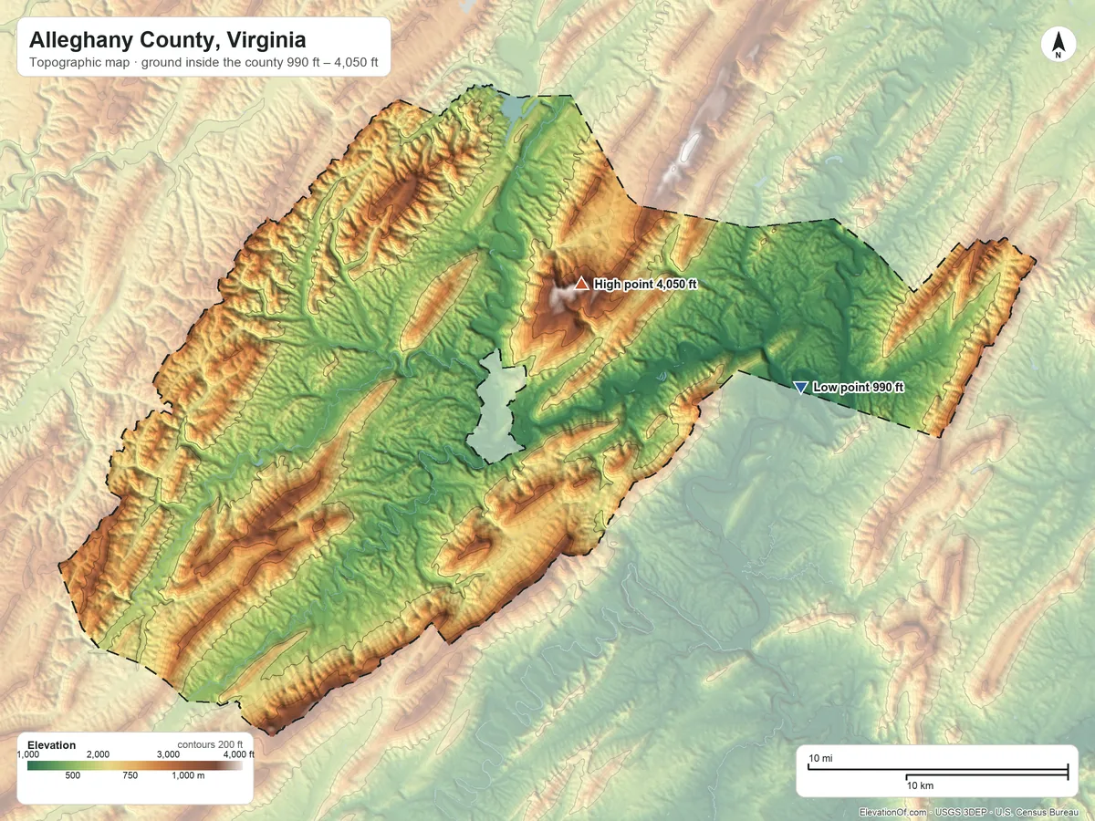 Topographic elevation map of Alleghany County, Virginia, shaded from 990 ft on the east side to 4,050 ft on Big Knob