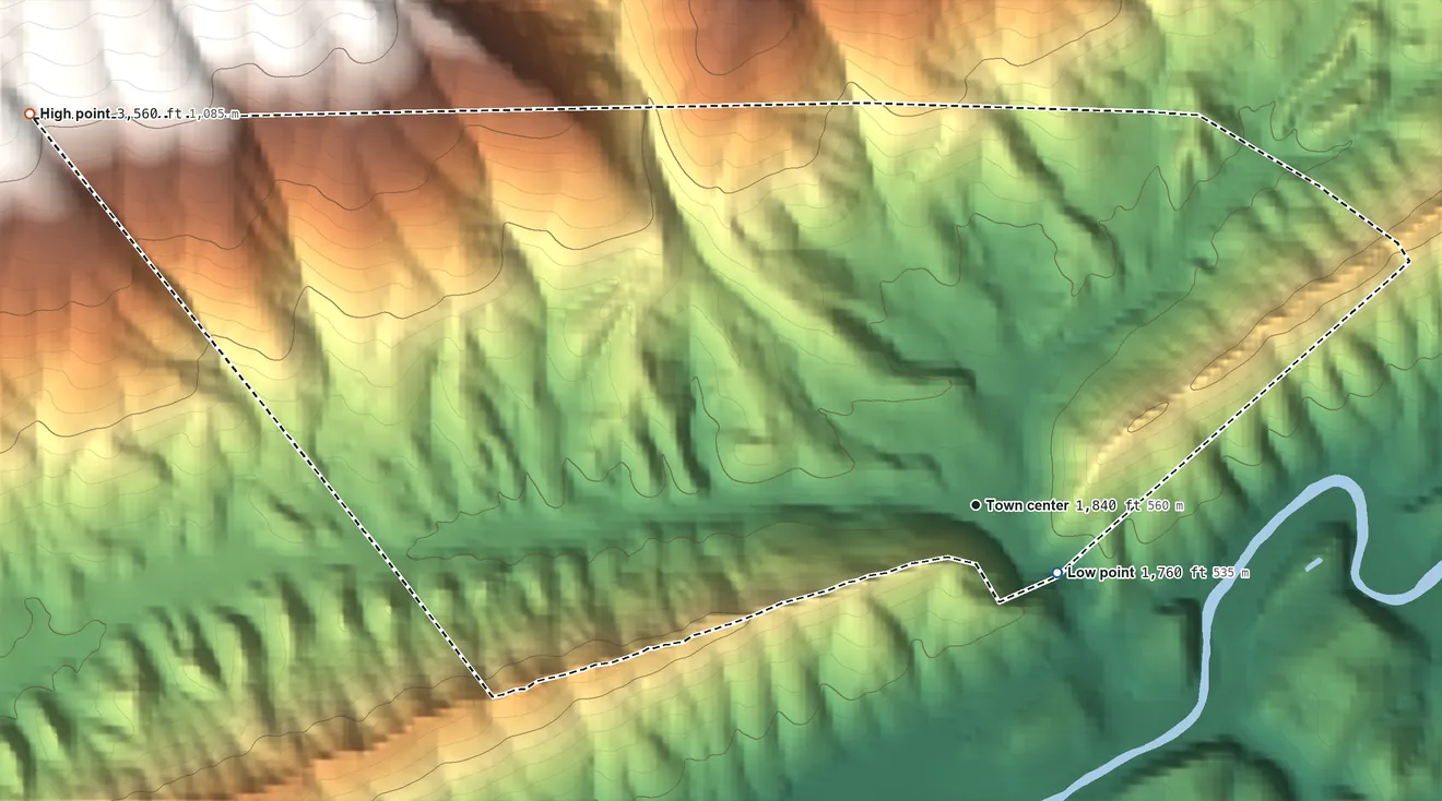 Topographic elevation map of Allison Gap, Virginia, shaded from 1,760 ft near the middle to 3,560 ft at the foot of the Little Mountain