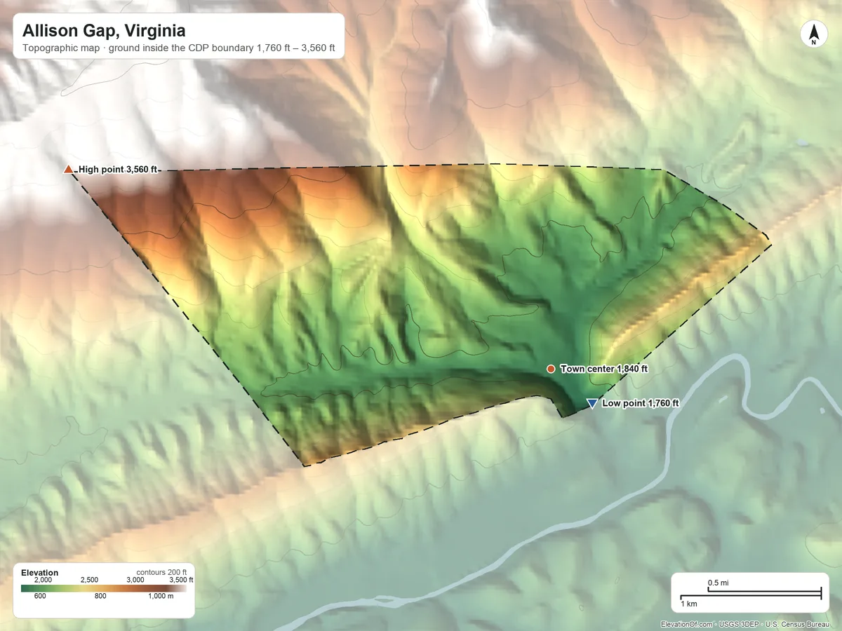 Topographic elevation map of Allison Gap, Virginia, shaded from 1,760 ft near the middle to 3,560 ft at the foot of the Little Mountain