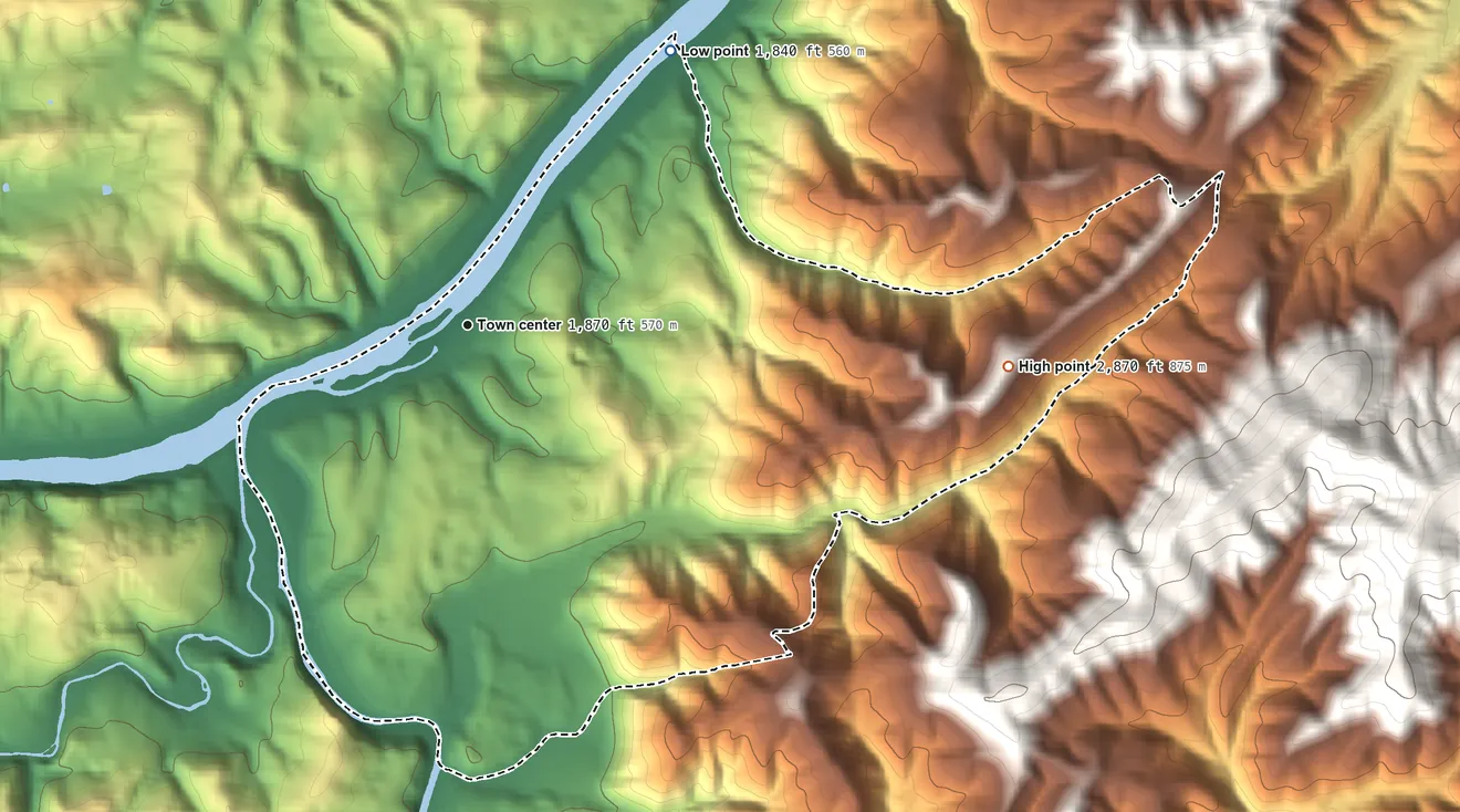 Topographic elevation map of Allisonia, Virginia, shaded from 1,840 ft on the northeast side to 2,870 ft on the east edge, below higher ground just outside