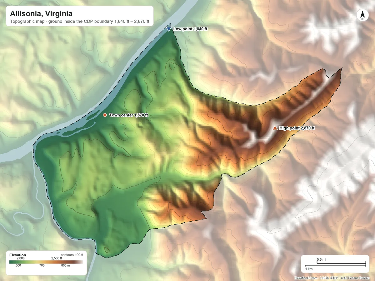 Topographic elevation map of Allisonia, Virginia, shaded from 1,840 ft on the northeast side to 2,870 ft on the east edge, below higher ground just outside
