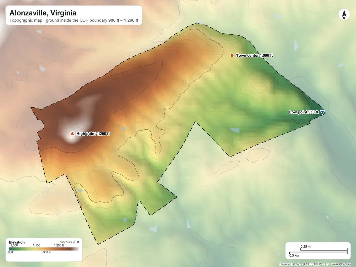 Topographic elevation map of Alonzaville, Virginia, shaded from 980 ft on the southeast side to 1,290 ft on the southwest edge, below higher ground just outside