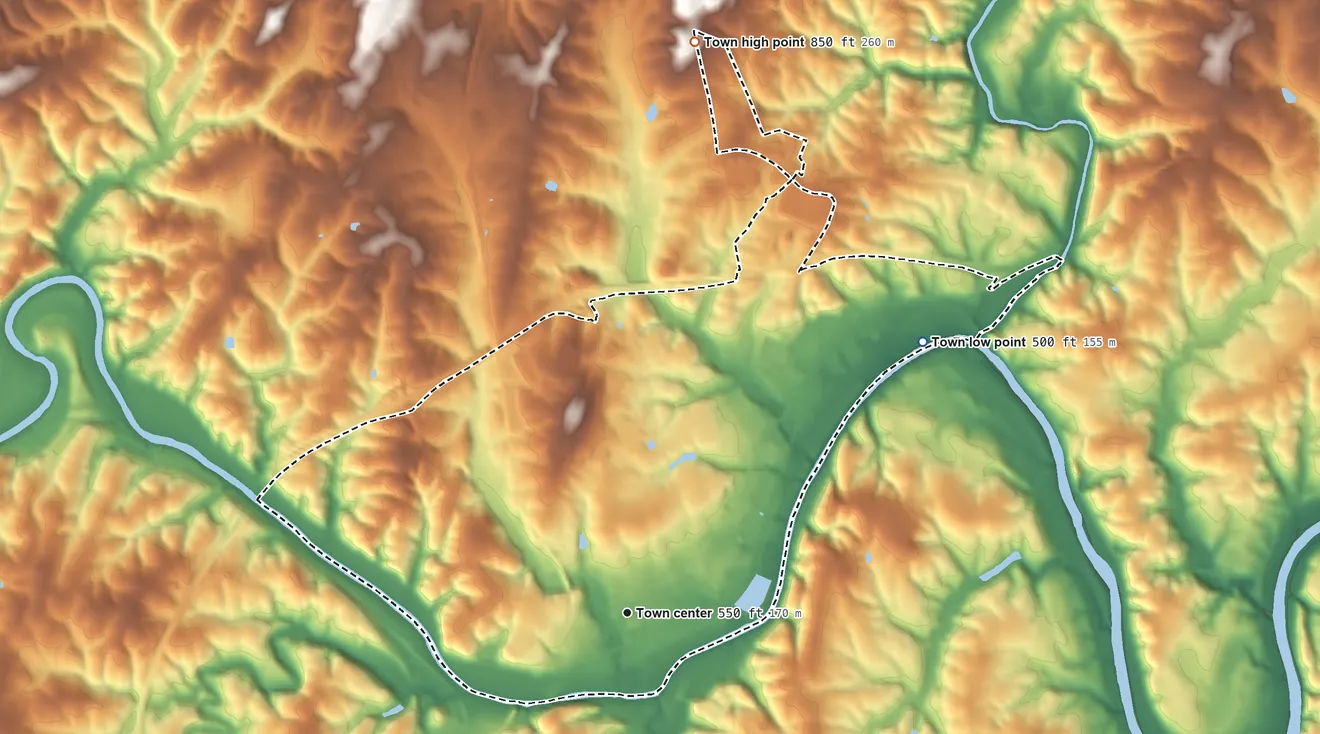 Topographic elevation map of Altavista, Virginia, shaded from 500 ft on the northeast side to 850 ft on the north side