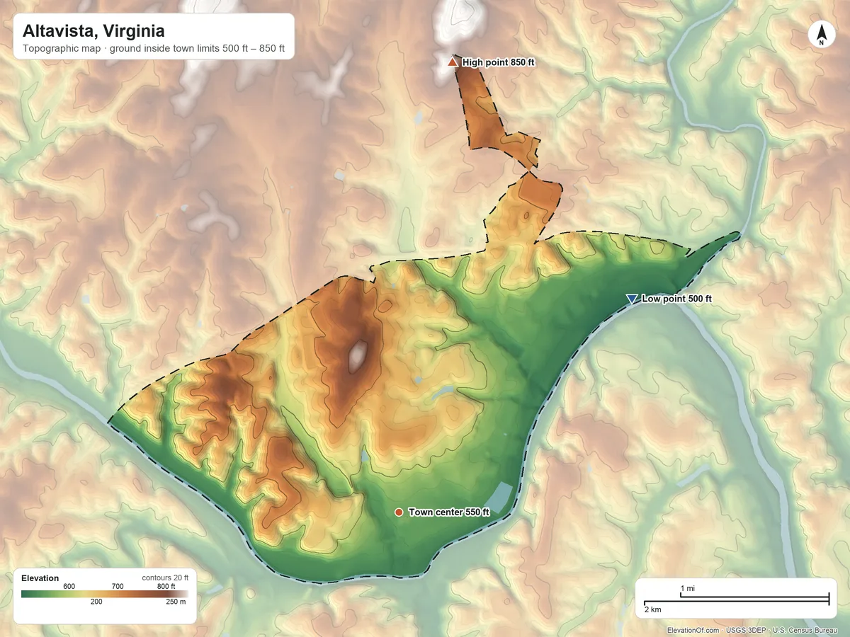 Topographic elevation map of Altavista, Virginia, shaded from 500 ft on the northeast side to 850 ft on the north side