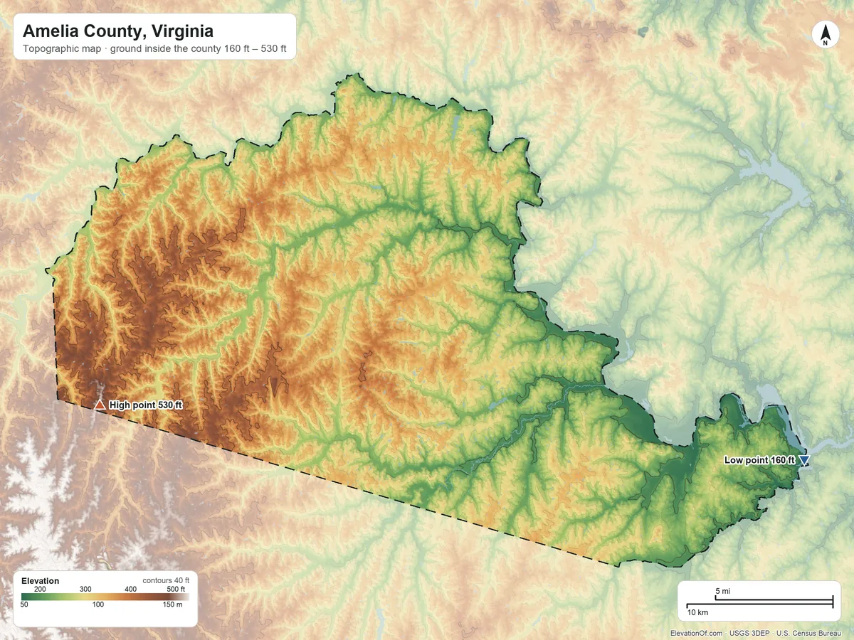 Topographic elevation map of Amelia County, Virginia, shaded from 160 ft on the east side to 530 ft on the west side