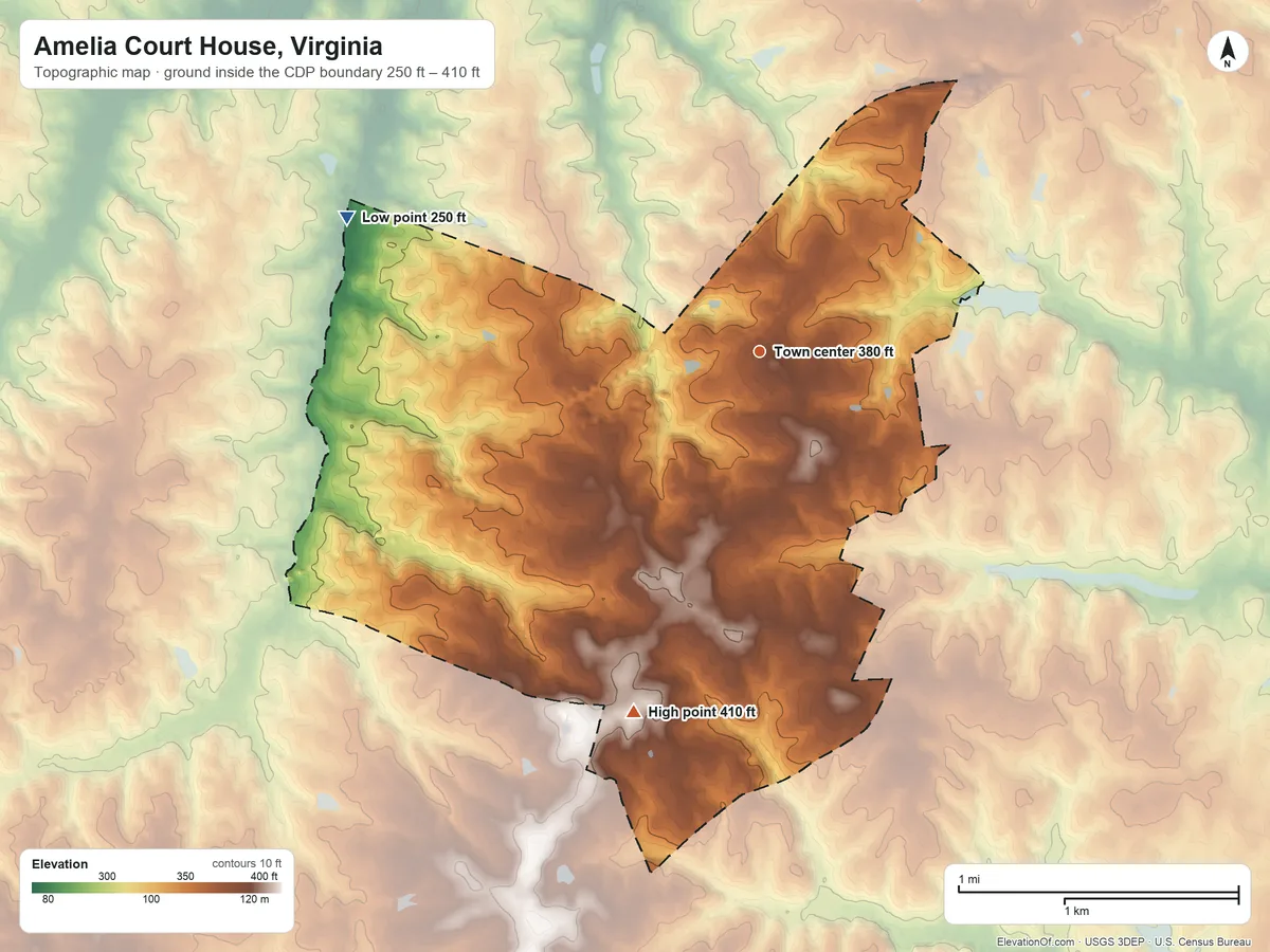 Topographic elevation map of Amelia Court House, Virginia, shaded from 250 ft on the west side to 410 ft on the south side