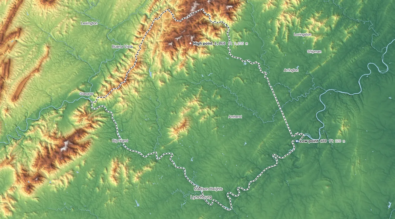 Topographic elevation map of Amherst County, Virginia, shaded from 400 ft on the east side to 4,060 ft on Mount Pleasant