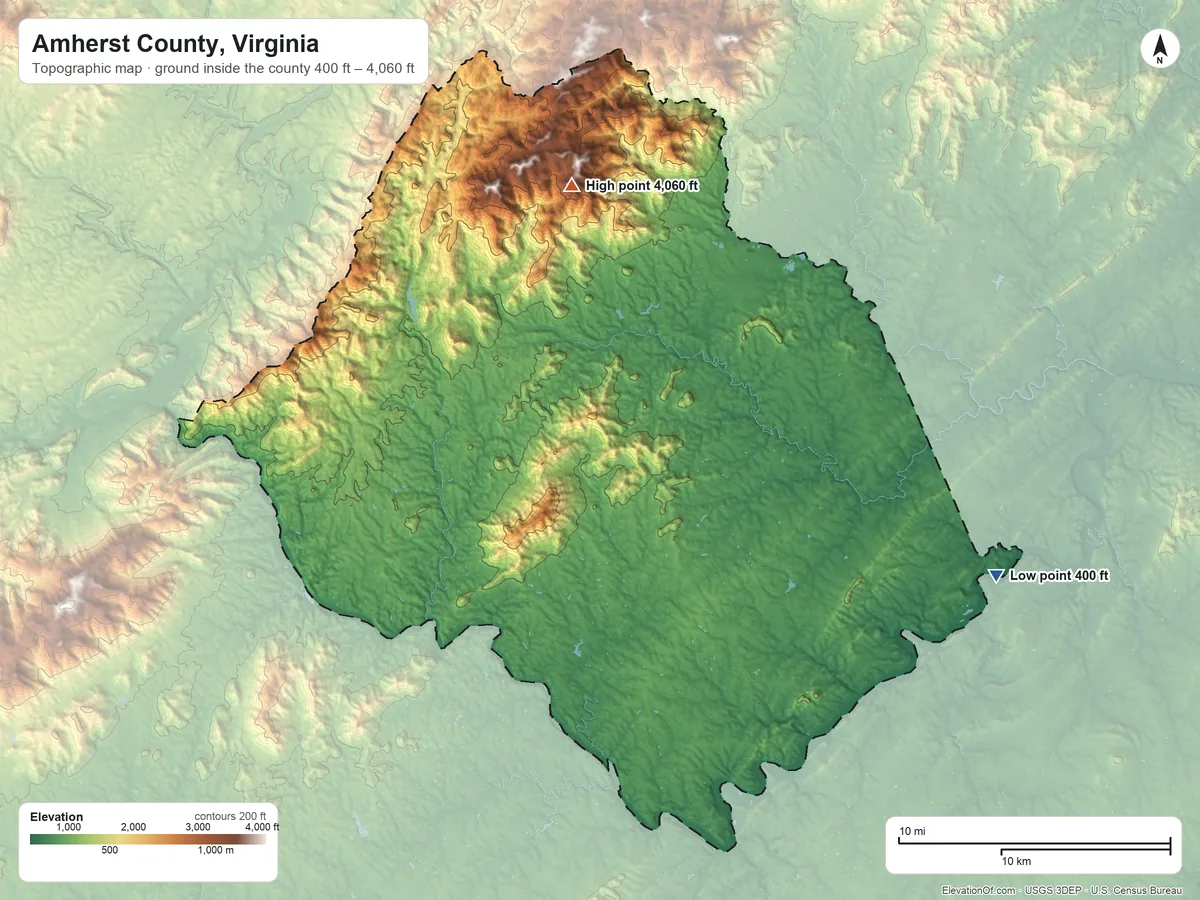 Topographic elevation map of Amherst County, Virginia, shaded from 400 ft on the east side to 4,060 ft on Mount Pleasant