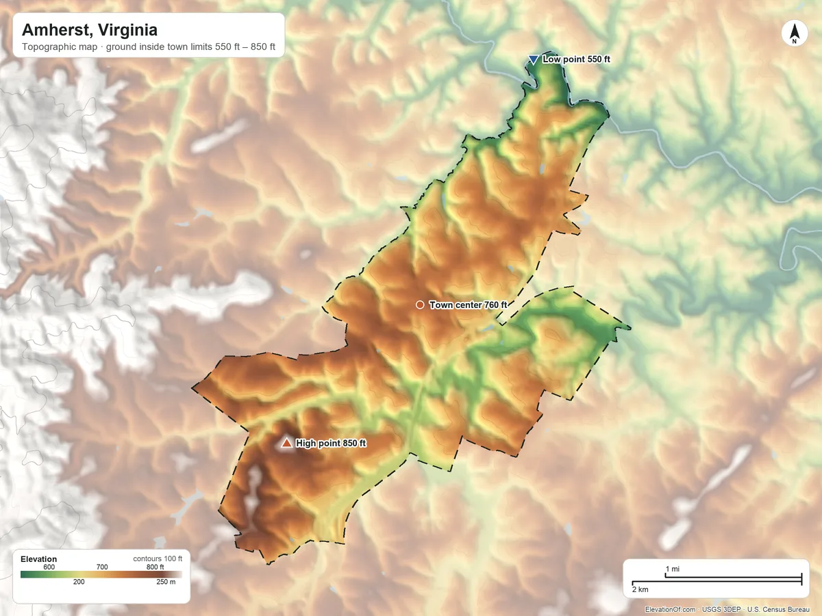 Topographic elevation map of Amherst, Virginia, shaded from 550 ft on the northeast side to 850 ft on the southwest edge, below higher ground just outside