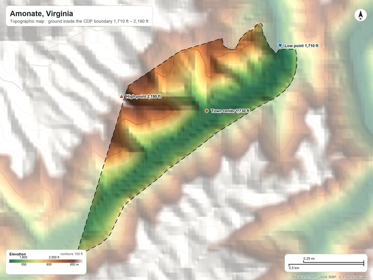 Topographic elevation map of Amonate, Virginia, shaded from 1,710 ft on the northeast side to 2,190 ft on the west edge, below higher ground just outside