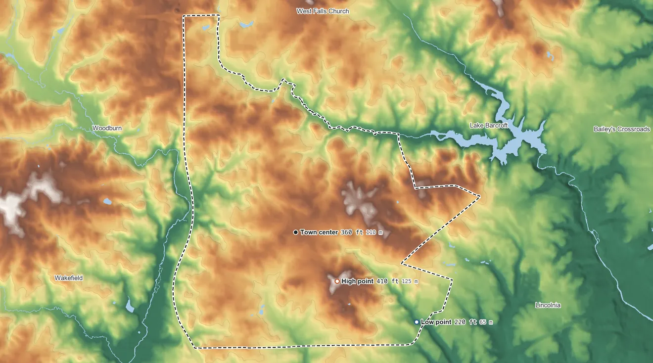 Topographic elevation map of Annandale, Virginia, shaded from 220 ft on the southeast side to 410 ft on the southeast side