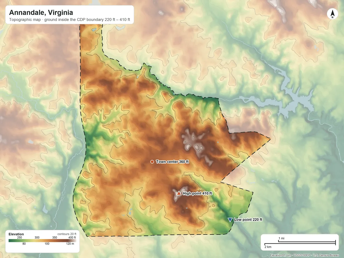 Topographic elevation map of Annandale, Virginia, shaded from 220 ft on the southeast side to 410 ft on the southeast side