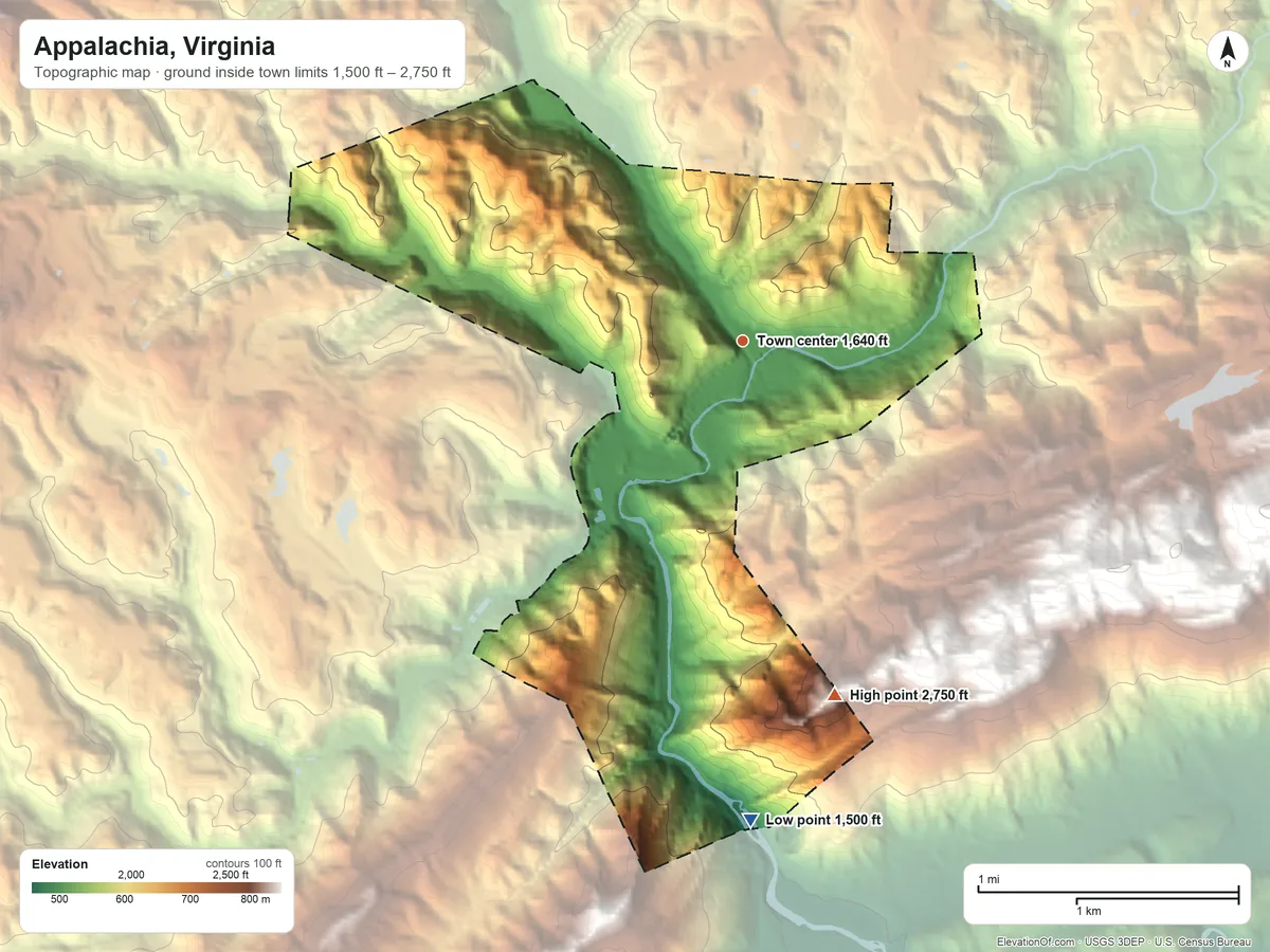 Topographic elevation map of Appalachia, Virginia, shaded from 1,500 ft on the south side to 2,750 ft on the south edge, below higher ground just outside