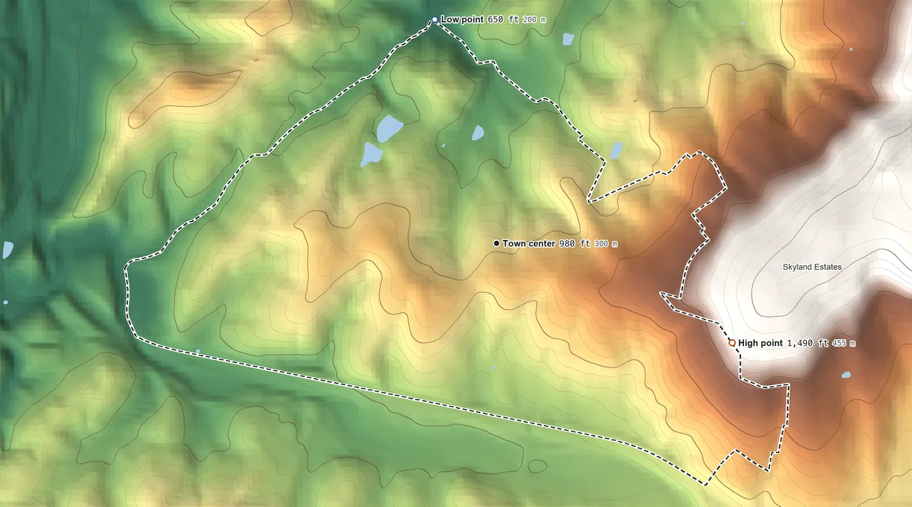 Topographic elevation map of Apple Mountain Lake, Virginia, shaded from 650 ft on the north side to 1,490 ft on the southeast edge, below higher ground just outside