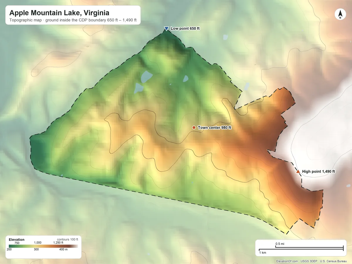 Topographic elevation map of Apple Mountain Lake, Virginia, shaded from 650 ft on the north side to 1,490 ft on the southeast edge, below higher ground just outside