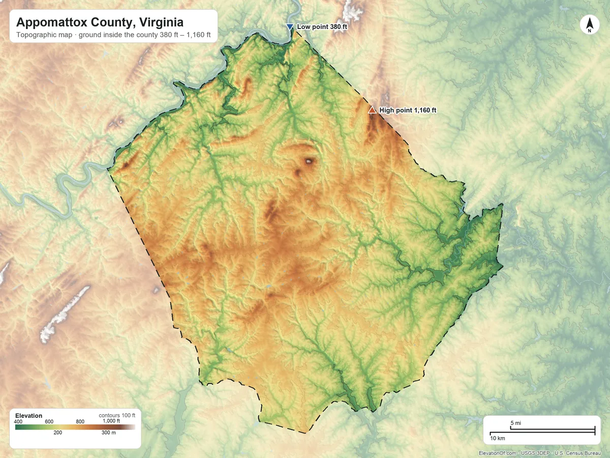 Topographic elevation map of Appomattox County, Virginia, shaded from 380 ft on the north side to 1,160 ft on Kyles Mountain