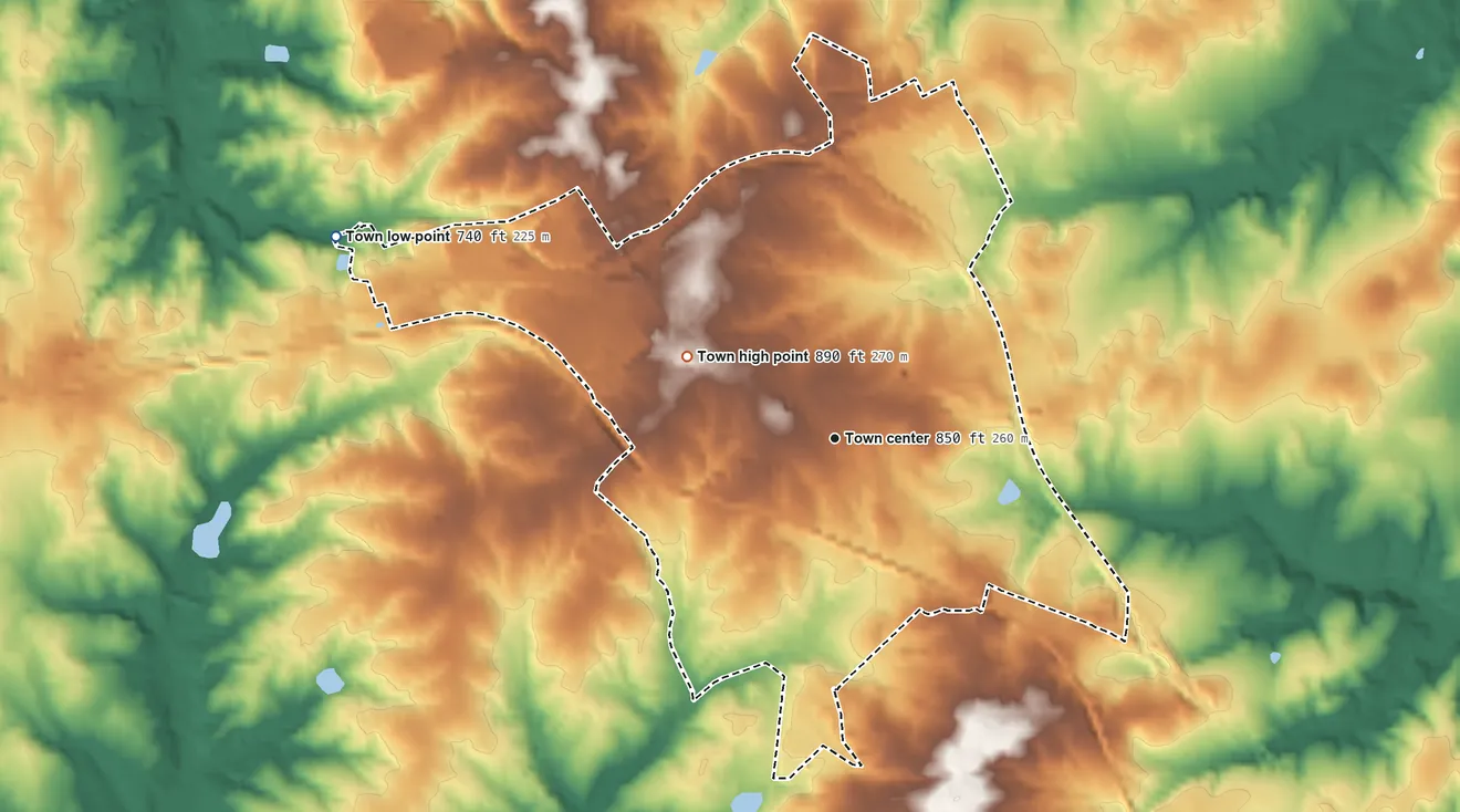 Topographic elevation map of Appomattox, Virginia, shaded from 740 ft on the west side to 890 ft on the northwest side