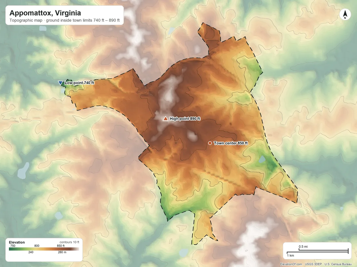 Topographic elevation map of Appomattox, Virginia, shaded from 740 ft on the west side to 890 ft on the northwest side