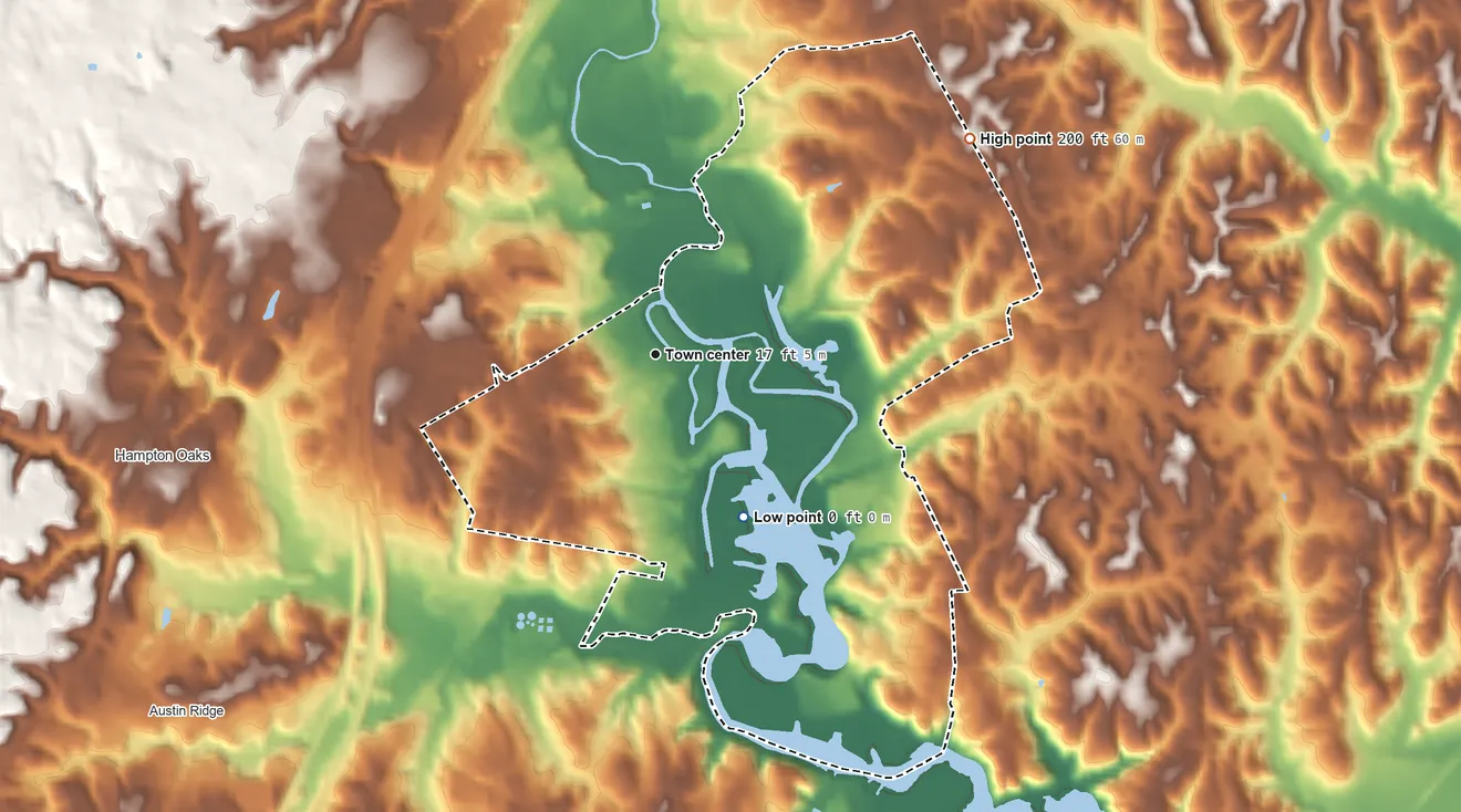 Topographic elevation map of Aquia Harbour, Virginia, shaded from 0 ft on the southeast side to 200 ft on the northeast side