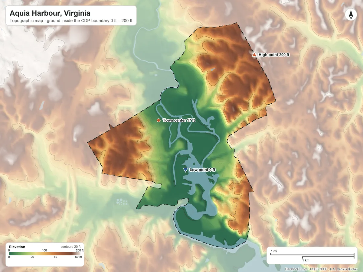 Topographic elevation map of Aquia Harbour, Virginia, shaded from 0 ft on the southeast side to 200 ft on the northeast side