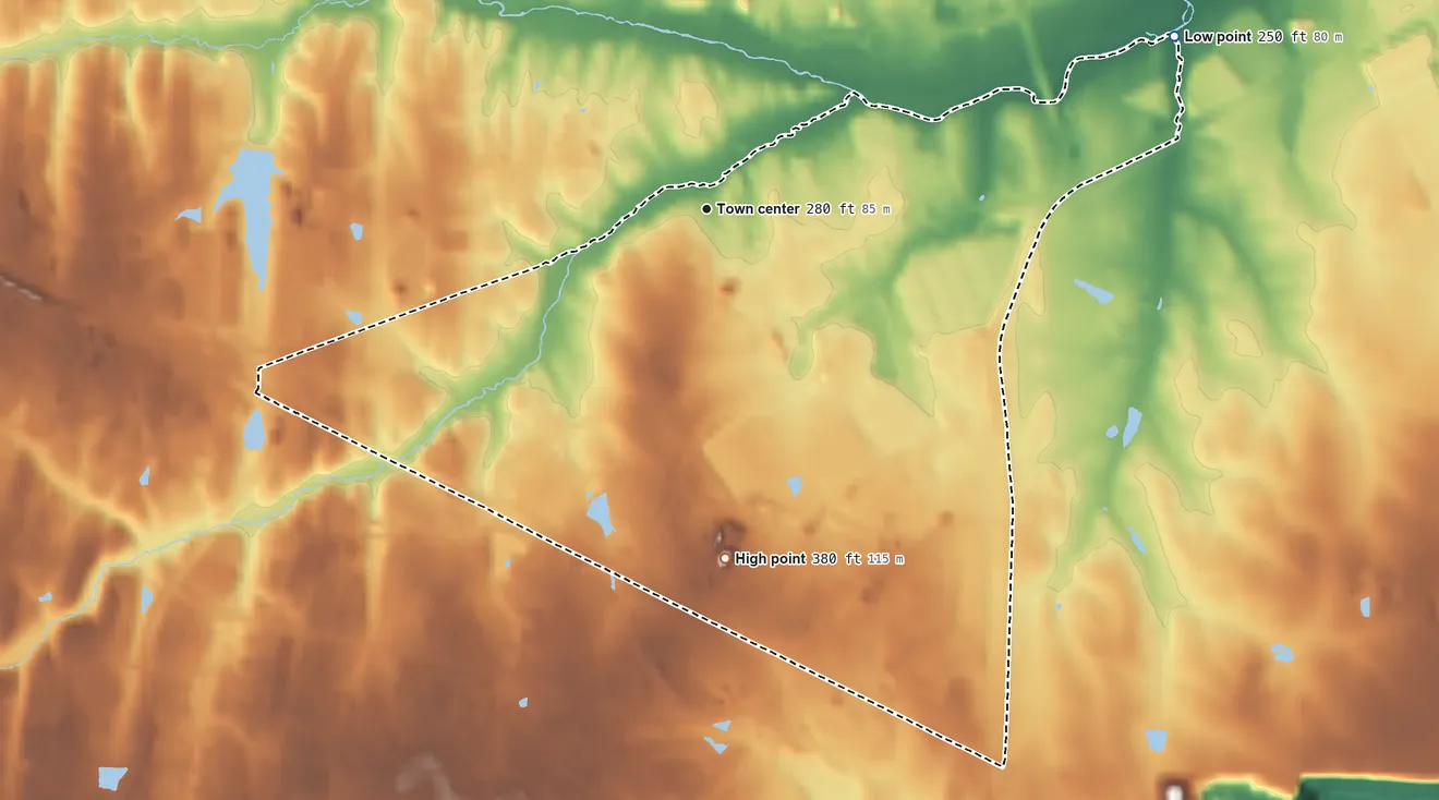 Topographic elevation map of Arcola, Virginia, shaded from 250 ft on the east side to 380 ft on the south side