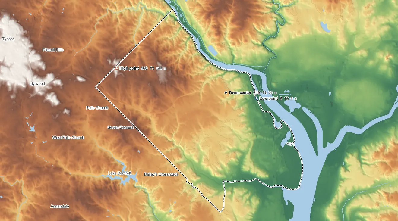 Topographic elevation map of Arlington, Virginia, shaded from 0 ft on the east side to 460 ft on Minor Hill