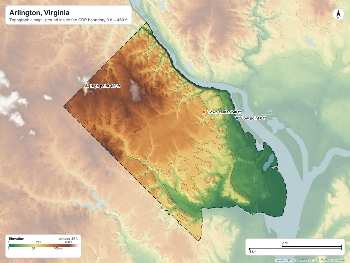 Topographic elevation map of Arlington, Virginia, shaded from 0 ft on the east side to 460 ft on Minor Hill