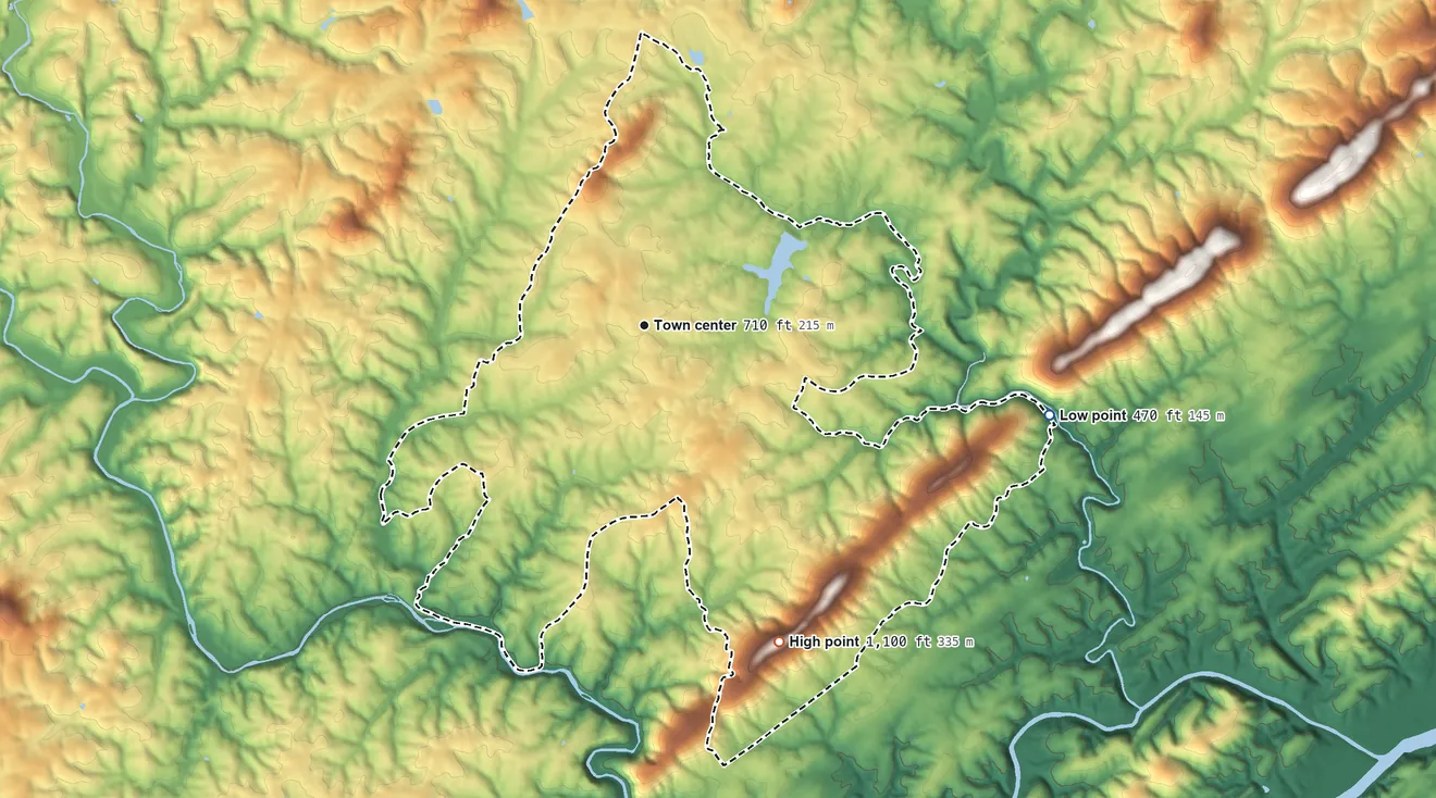 Topographic elevation map of Arrington, Virginia, shaded from 470 ft on the east side to 1,100 ft on the southeast side