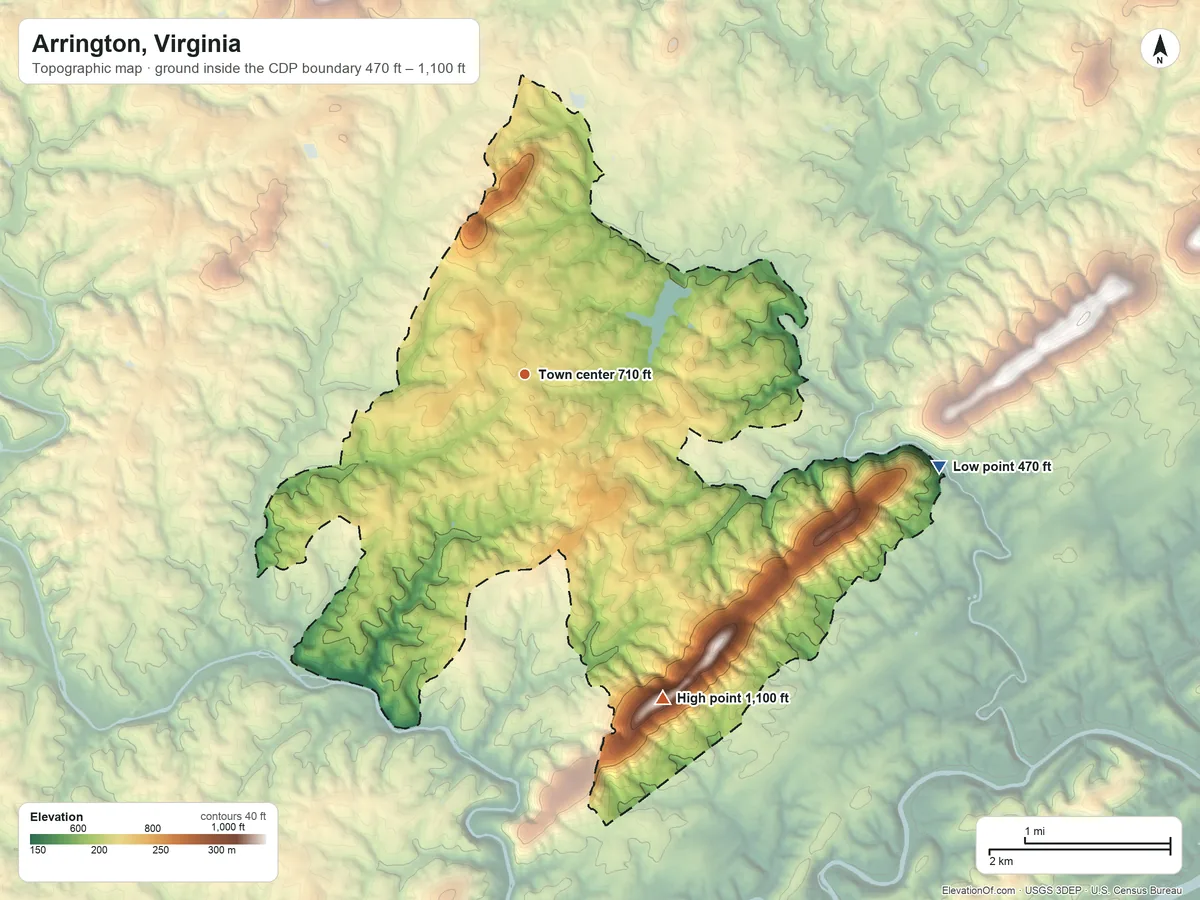 Topographic elevation map of Arrington, Virginia, shaded from 470 ft on the east side to 1,100 ft on the southeast side