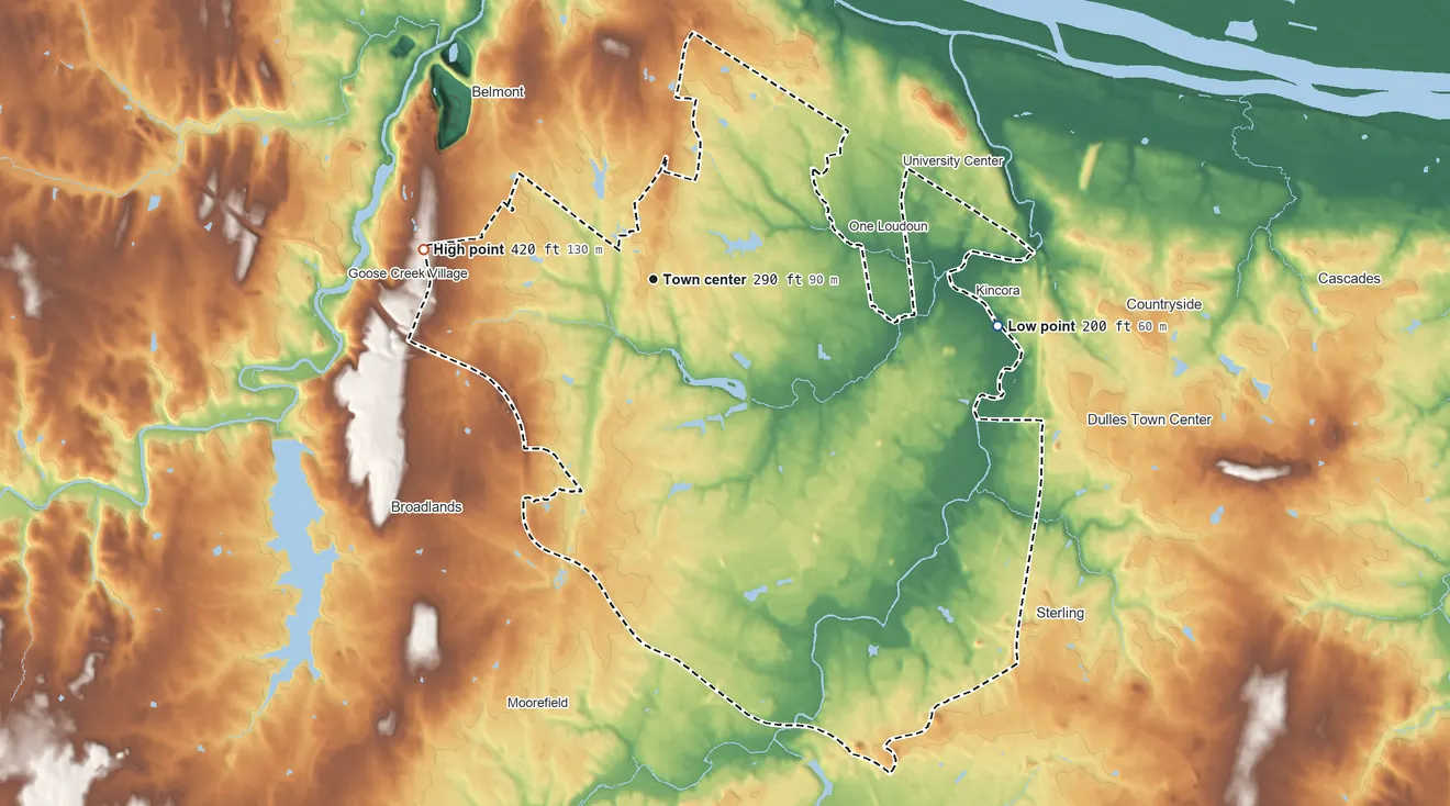 Topographic elevation map of Ashburn, Virginia, shaded from 200 ft on the east side to 420 ft on the west side