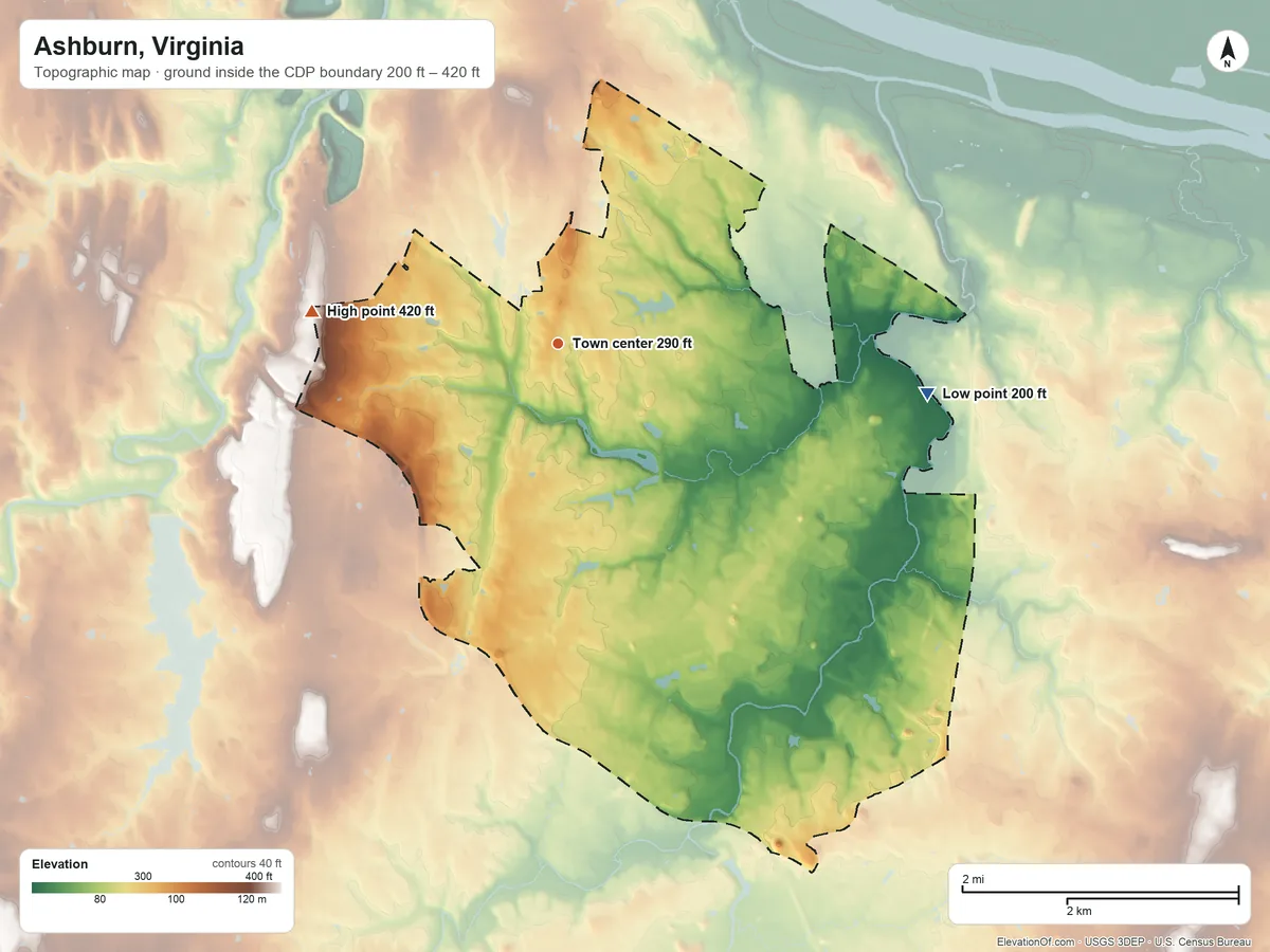 Topographic elevation map of Ashburn, Virginia, shaded from 200 ft on the east side to 420 ft on the west side