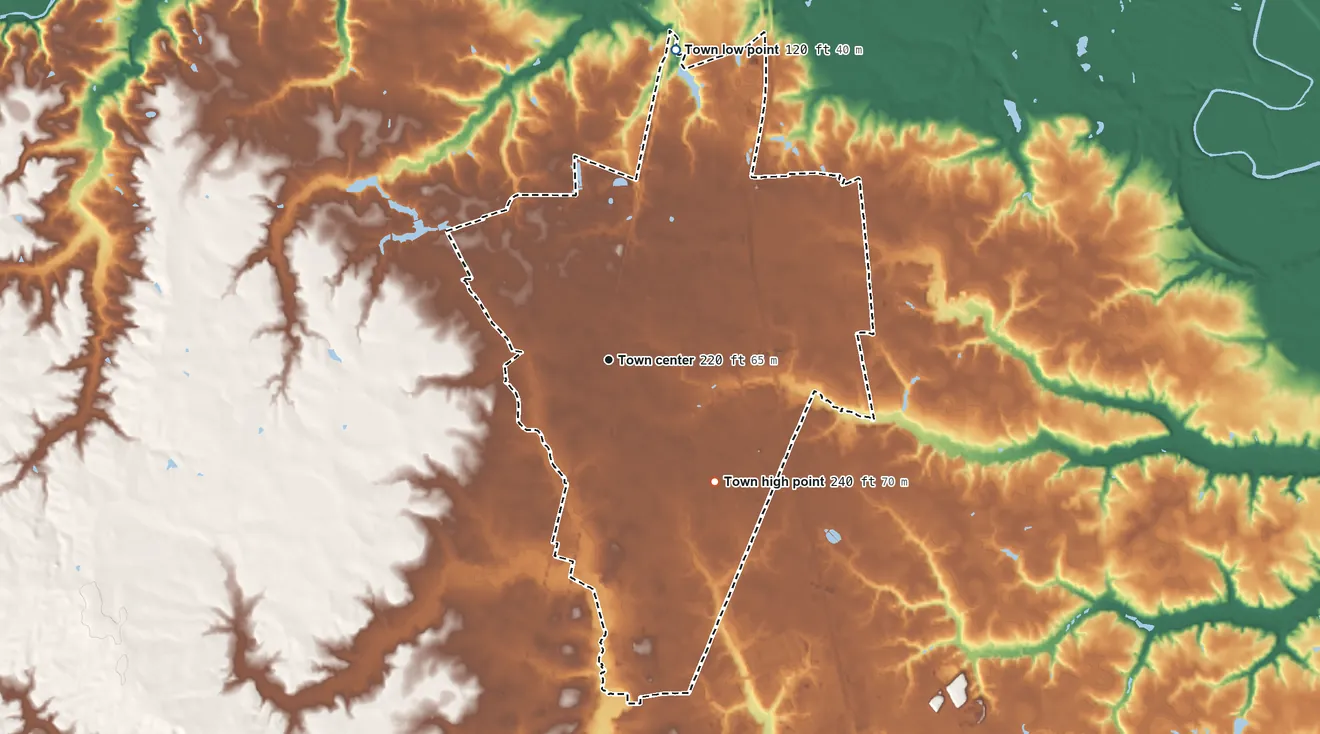 Topographic elevation map of Ashland, Virginia, shaded from 120 ft on the north side to 240 ft on the southeast side