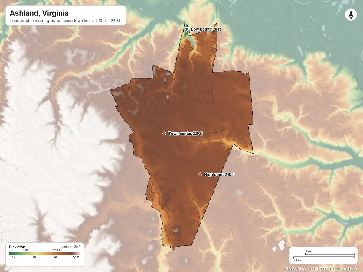 Topographic elevation map of Ashland, Virginia, shaded from 120 ft on the north side to 240 ft on the southeast side
