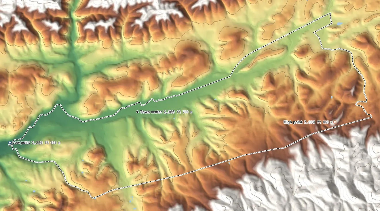 Topographic elevation map of Atkins, Virginia, shaded from 2,220 ft on the west side to 2,850 ft on the east edge, below higher ground just outside