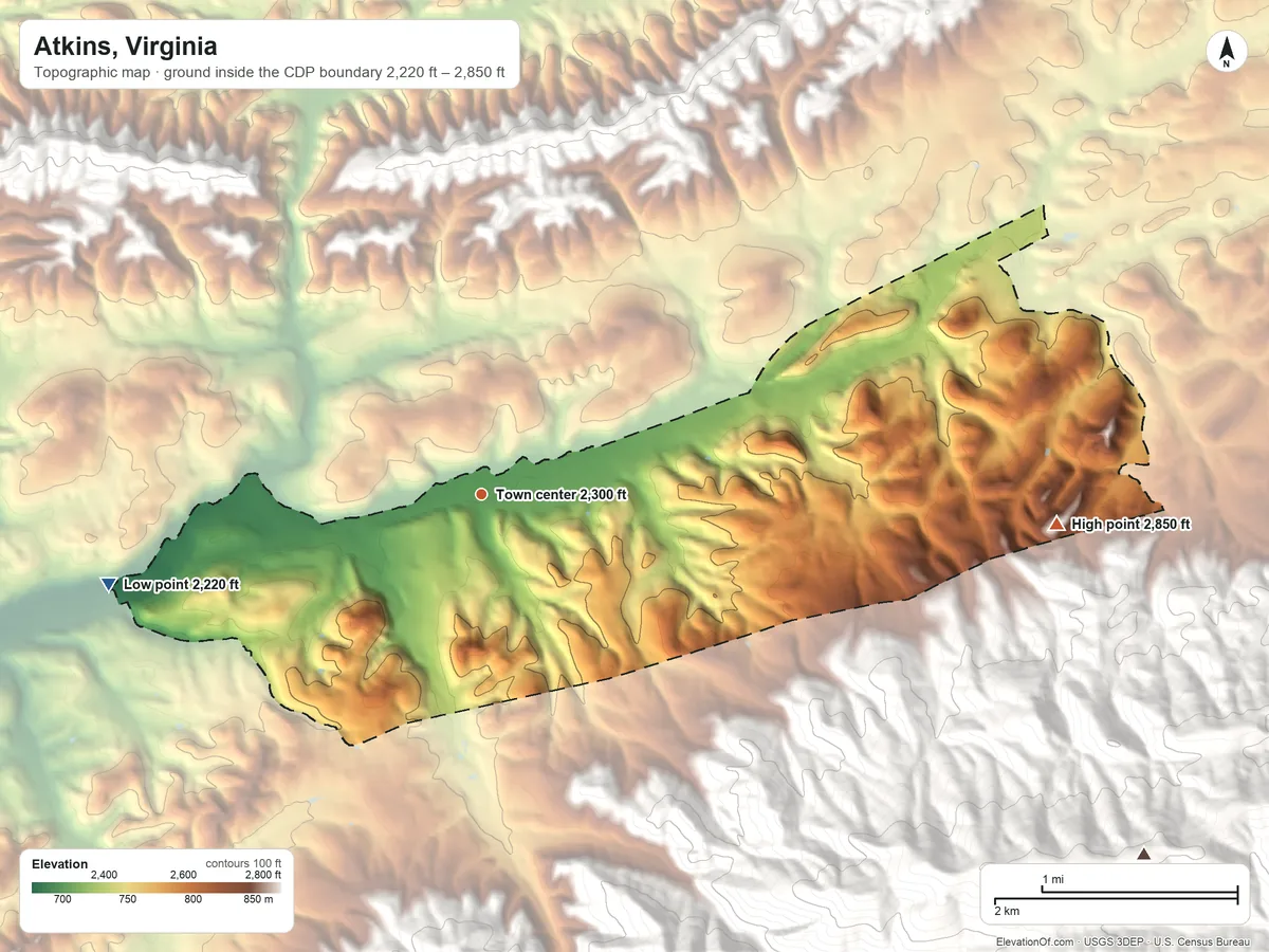 Topographic elevation map of Atkins, Virginia, shaded from 2,220 ft on the west side to 2,850 ft on the east edge, below higher ground just outside