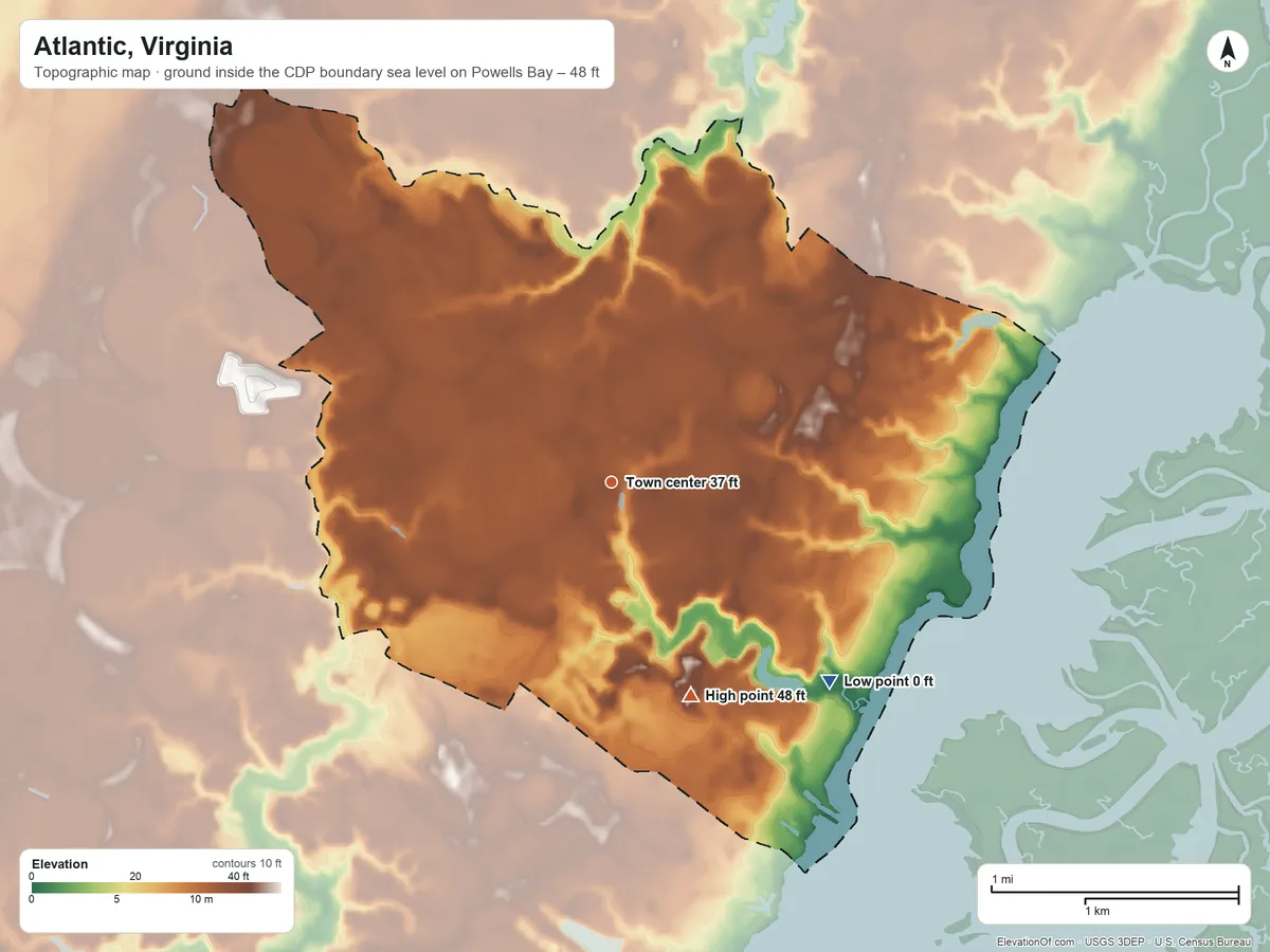 Topographic elevation map of Atlantic, Virginia, shaded from sea level level on Powells Bay to 48 ft on the south side