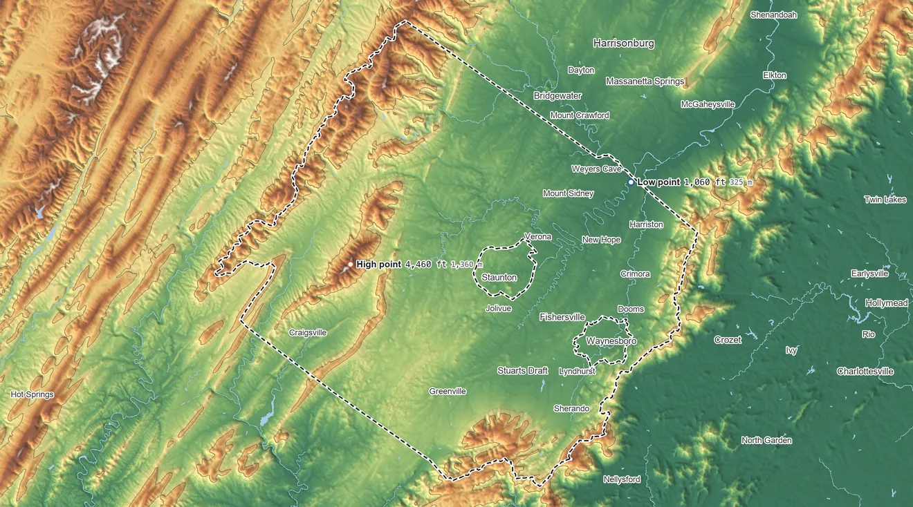 Topographic elevation map of Augusta County, Virginia, shaded from 1,060 ft on the east side to 4,460 ft on Great North Mountain