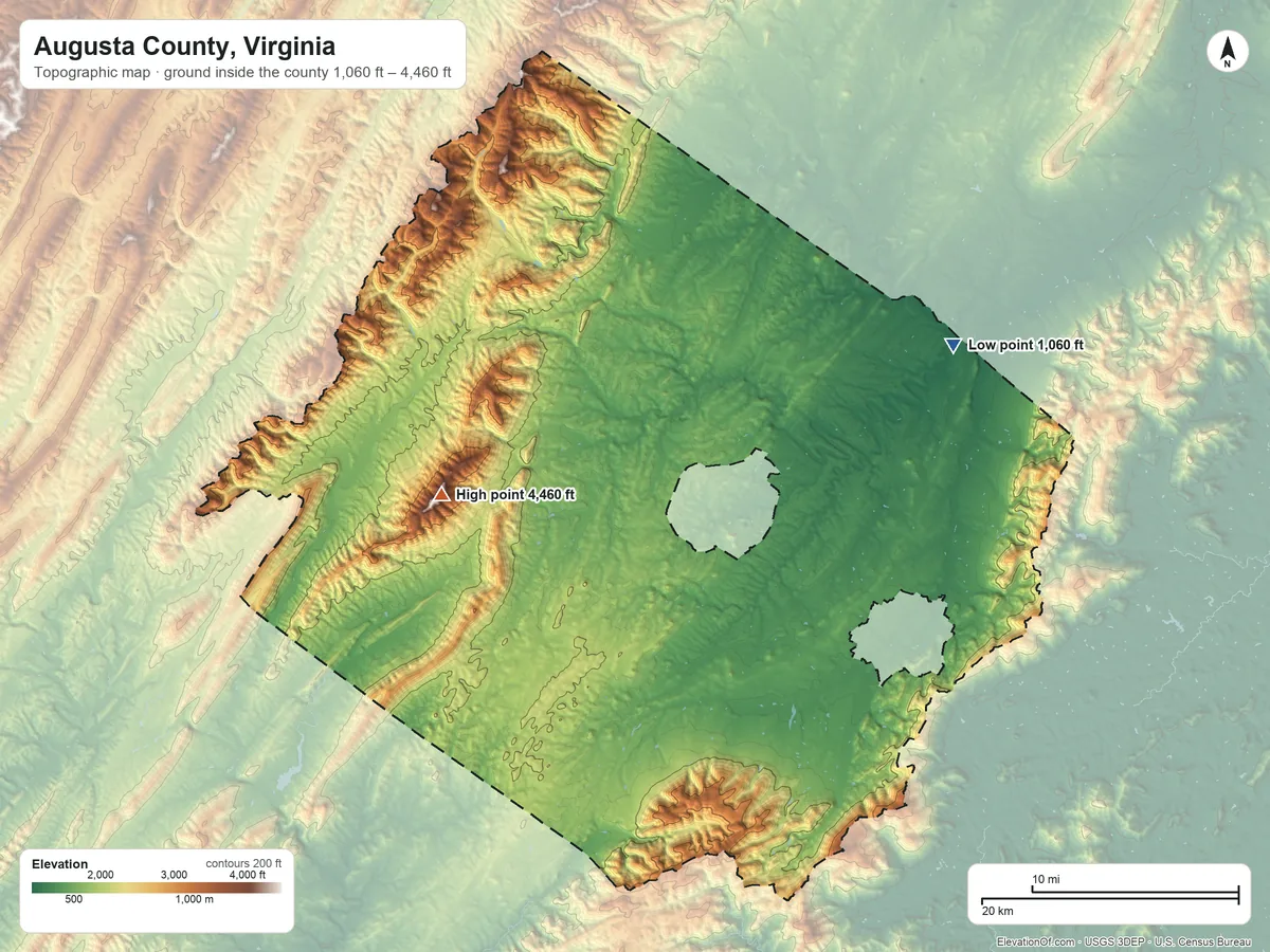 Topographic elevation map of Augusta County, Virginia, shaded from 1,060 ft on the east side to 4,460 ft on Great North Mountain