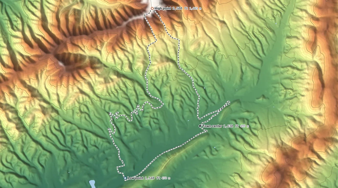 Topographic elevation map of Augusta Springs, Virginia, shaded from 1,540 ft on the southwest side to 3,500 ft on the north edge, below higher ground just outside