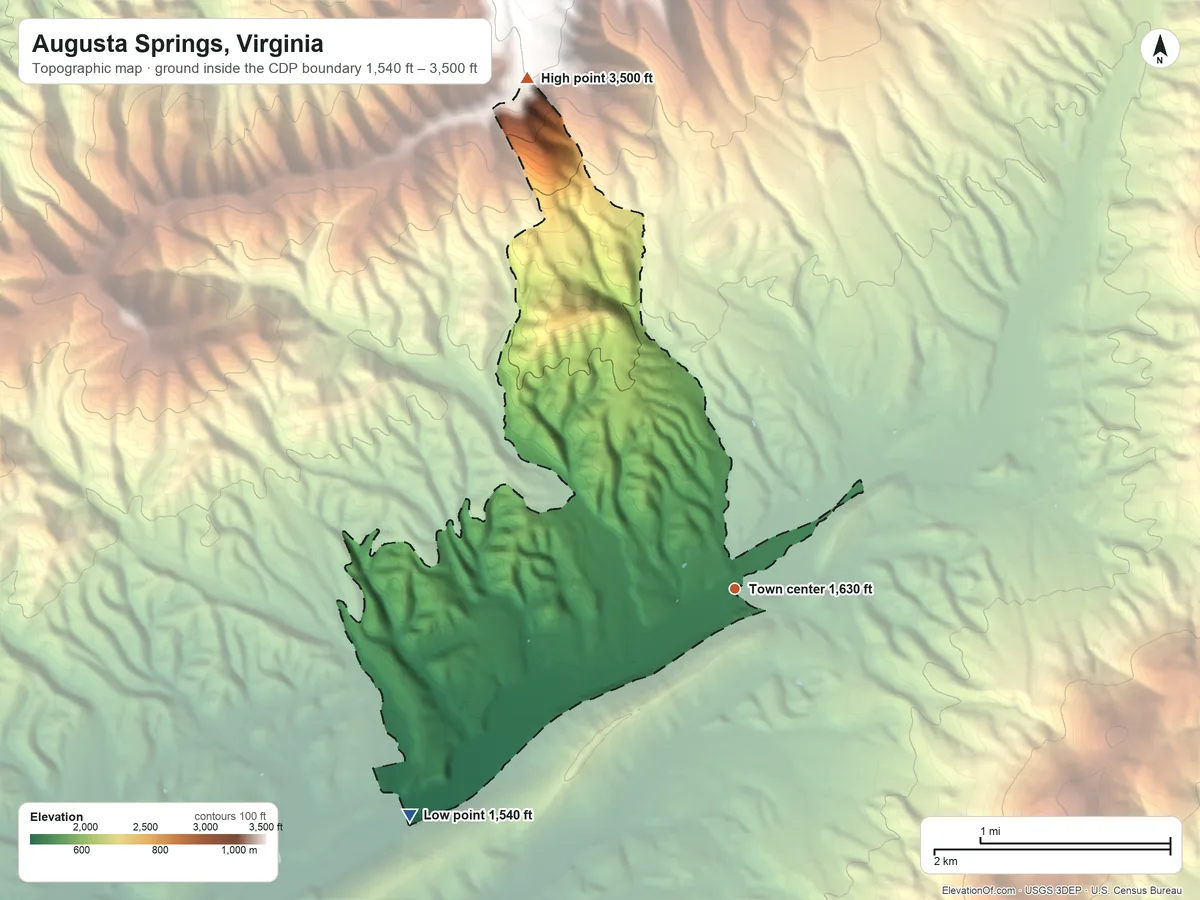 Topographic elevation map of Augusta Springs, Virginia, shaded from 1,540 ft on the southwest side to 3,500 ft on the north edge, below higher ground just outside