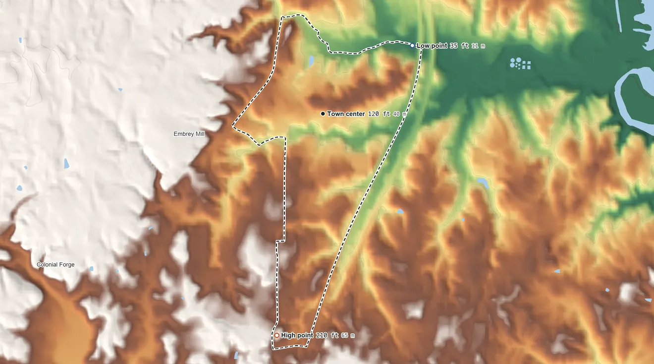 Topographic elevation map of Austin Ridge, Virginia, shaded from 35 ft on the northeast side to 210 ft on the south side