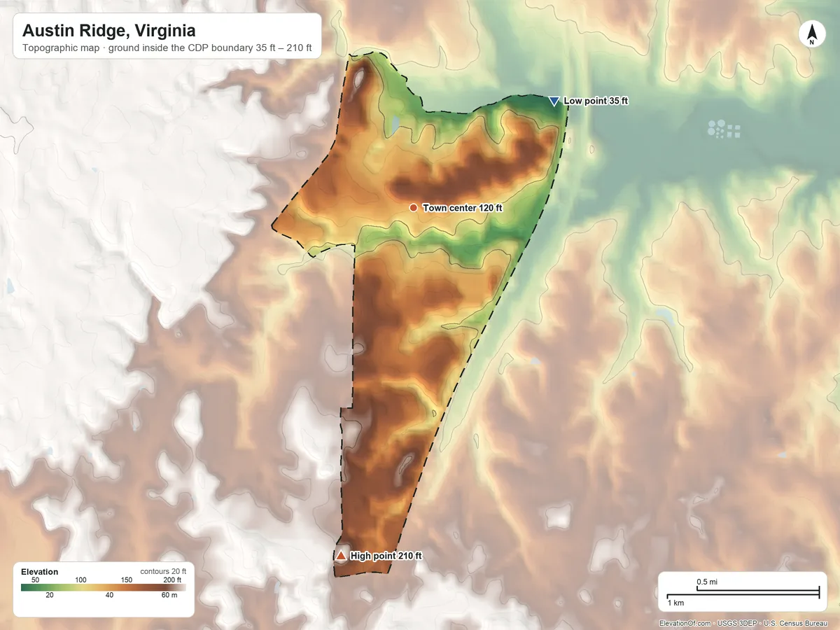 Topographic elevation map of Austin Ridge, Virginia, shaded from 35 ft on the northeast side to 210 ft on the south side
