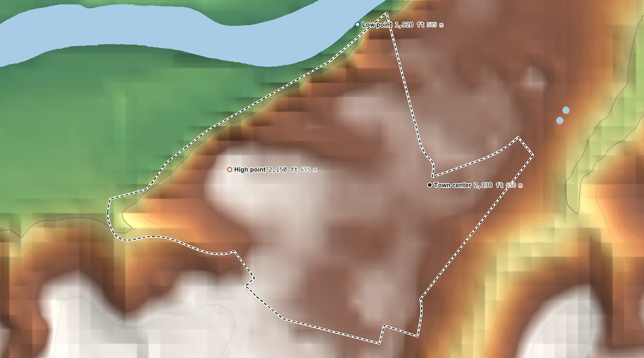 Topographic elevation map of Austinville, Virginia, shaded from 1,920 ft on the northwest side to 2,150 ft on the west edge, below higher ground just outside