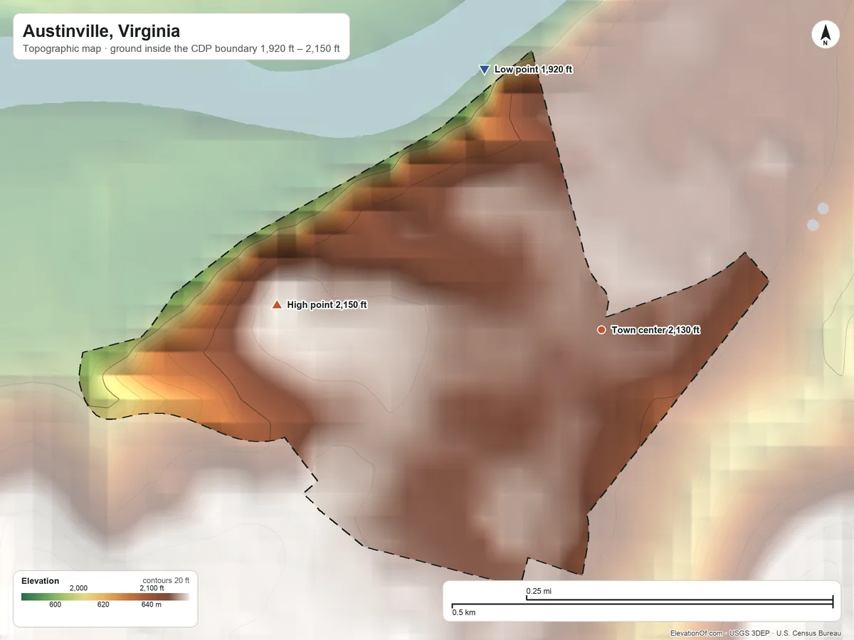 Topographic elevation map of Austinville, Virginia, shaded from 1,920 ft on the northwest side to 2,150 ft on the west edge, below higher ground just outside