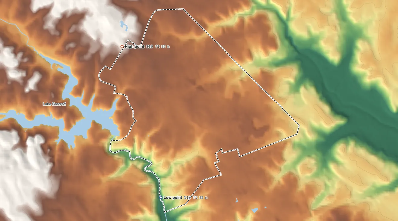 Topographic elevation map of Bailey's Crossroads, Virginia, shaded from 110 ft on the southwest side to 310 ft on the northwest side